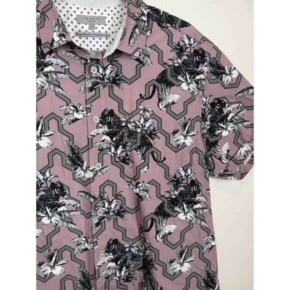 Ted Baker Men’s Pink tiger Floral Button Up Short Sleeve Shirt Size 6 XL - Picture 2 of 7